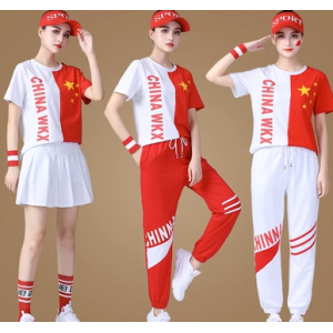 夏季新款广场舞服装套装中国红歌建党节团体演出服五星短袖两件套