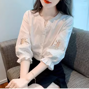100%纯棉镂空绣花衬衫女夏季新款时尚七分袖衬衣宽松百搭别致上衣